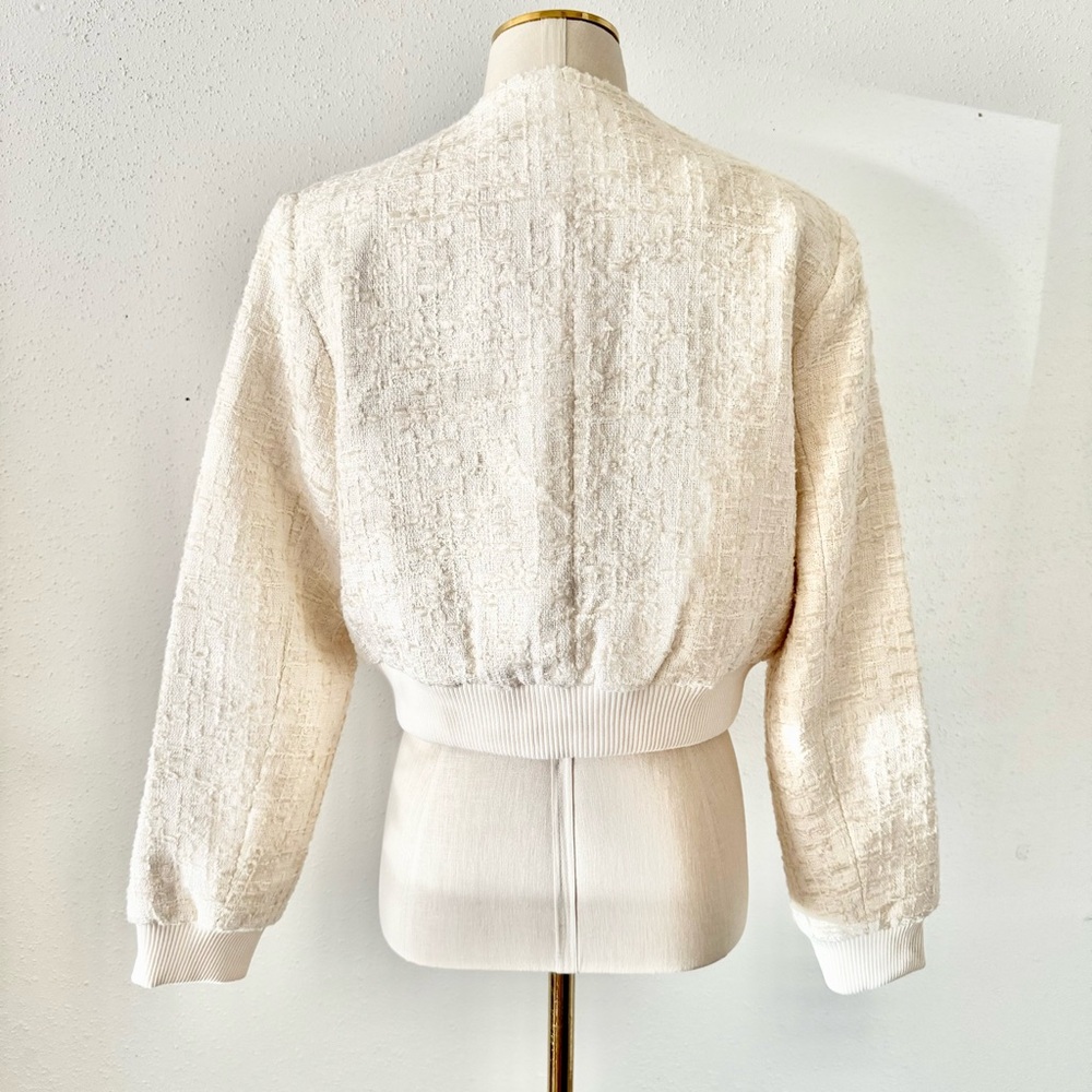 New ZARA Textured Cropped Bomber Jacket Cream Ivory Women's Size Medium Tweed M - Picture 4 of 7